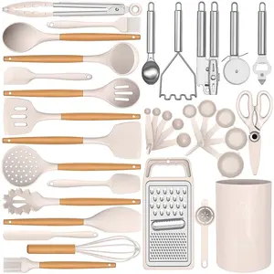 35-Piece Silicone Kitchen Utensils Set with Wooden Handles & Holder, Heat Resistant Cooking Utensils for Nonstick Cookware, BPA-Free Khaki Kitchen Tool Set
