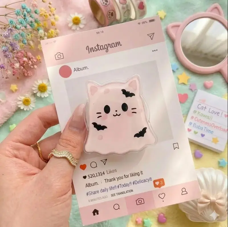 Cute Ghost Cat Phone Grip Holder Kawaii Pink Bat Halloween Spooky Expanding Stand Aesthetic Phone Accessories Gift for Her Cat Lovers Teen Girls