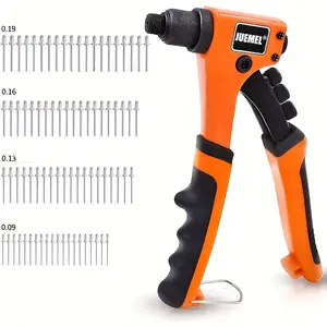 Rivet Gun Kit with 80 Blind Rivets, Pop Rivet Gun Kit with 4 Interchangeable Heads & 4 Drill Bits, Manual Single Hand Riveter for Metal, Plastic, Leather, Hand Tools