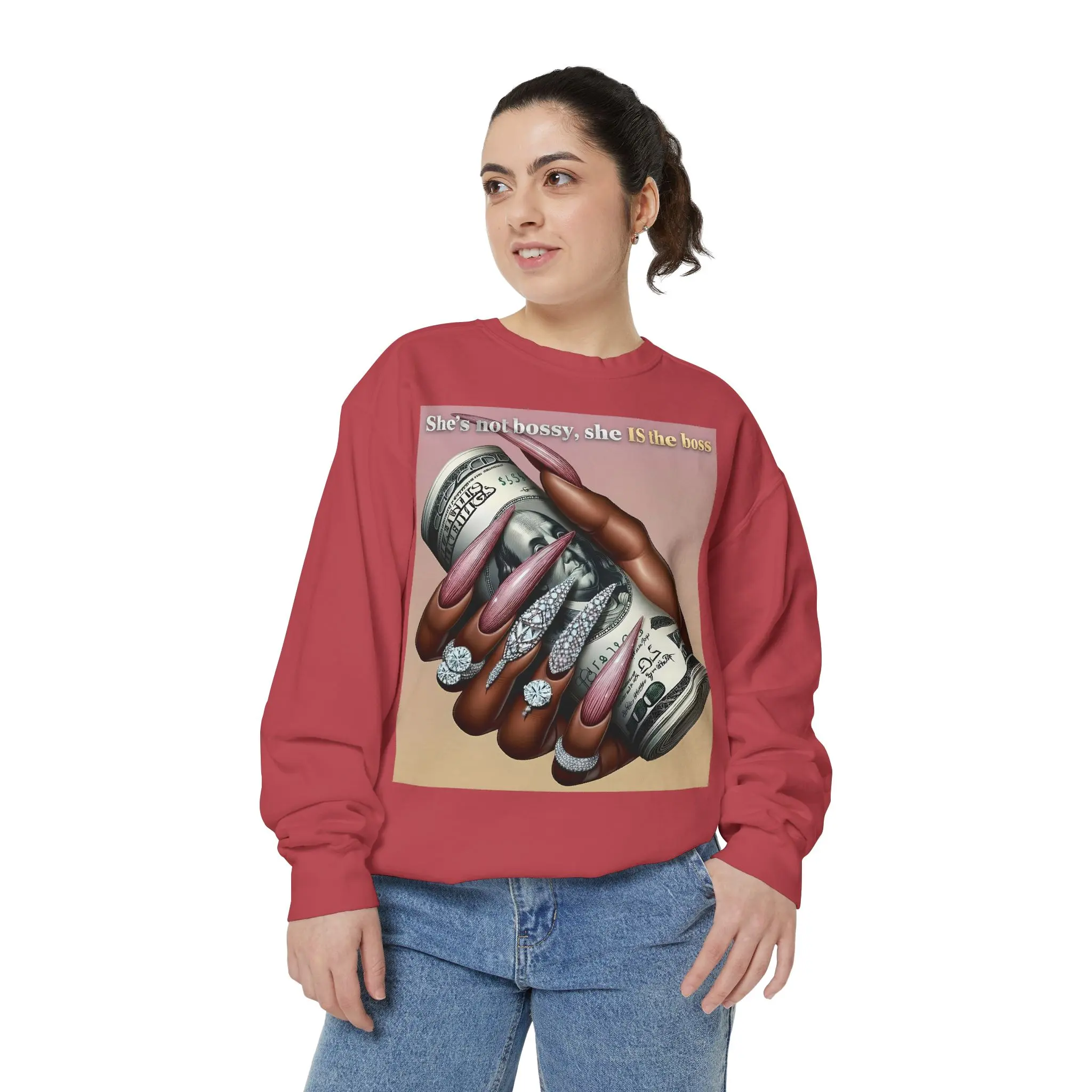 She IS the Boss money roll graphic Sweatshirt | Hand with nails, stacks of cash