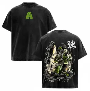 Retro Washed Black Oversized T-Shirt, Double-Sided Earth Bender Character & Element Symbol Print Tee, Casual Crew Neck Short Sleeve Top, Streetwear Unisex Loose Fit T-Shirt for Men & Women, Grunge Anime Aesthetic