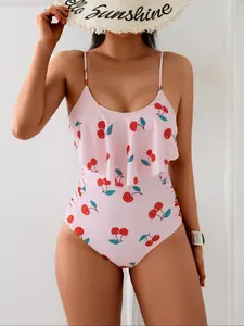 Cherry Print One-Piece Ruched Slimming Adjustable Straps Cute Fashion Swimsuit, Women's Swimwear, Beachwear, Summer Bathing Suit