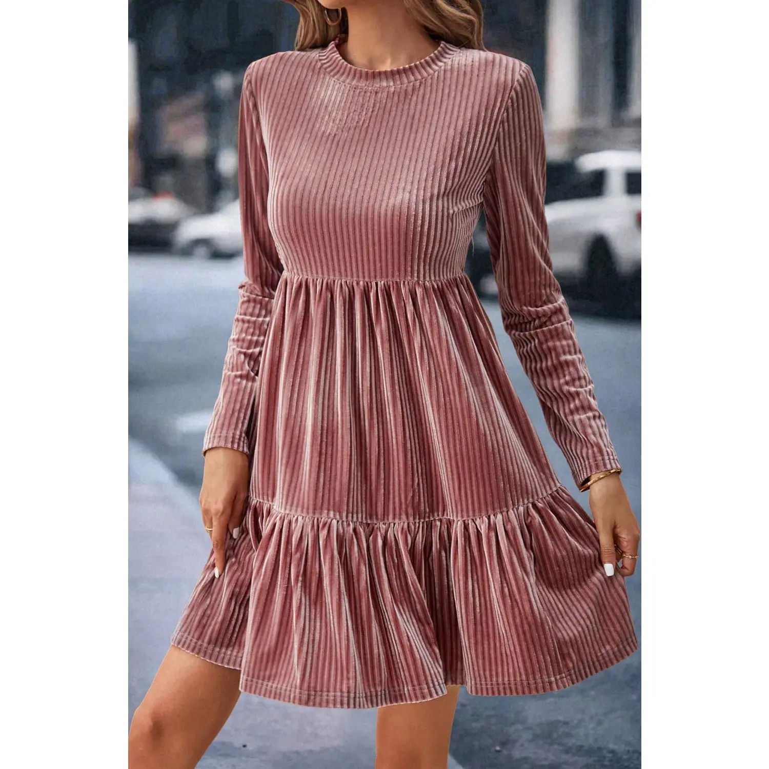 Pale Chestnut Long Sleeve Tiered Textured Velvet Dress