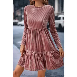 Pale Chestnut Long Sleeve Tiered Textured Velvet Dress