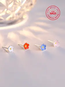 Low Allergy S925 Sterling Silver Asymmetric Flower Earrings, Perfect for Daily Commute or Party, Elegant Women's Holiday Gift, Stud Earrings Jewelry