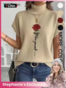 High Neck Sleeveless Casual Fashion Knit Top, Unique Design Rose Flower Print, New, Elegant Vest for Valentine's Day