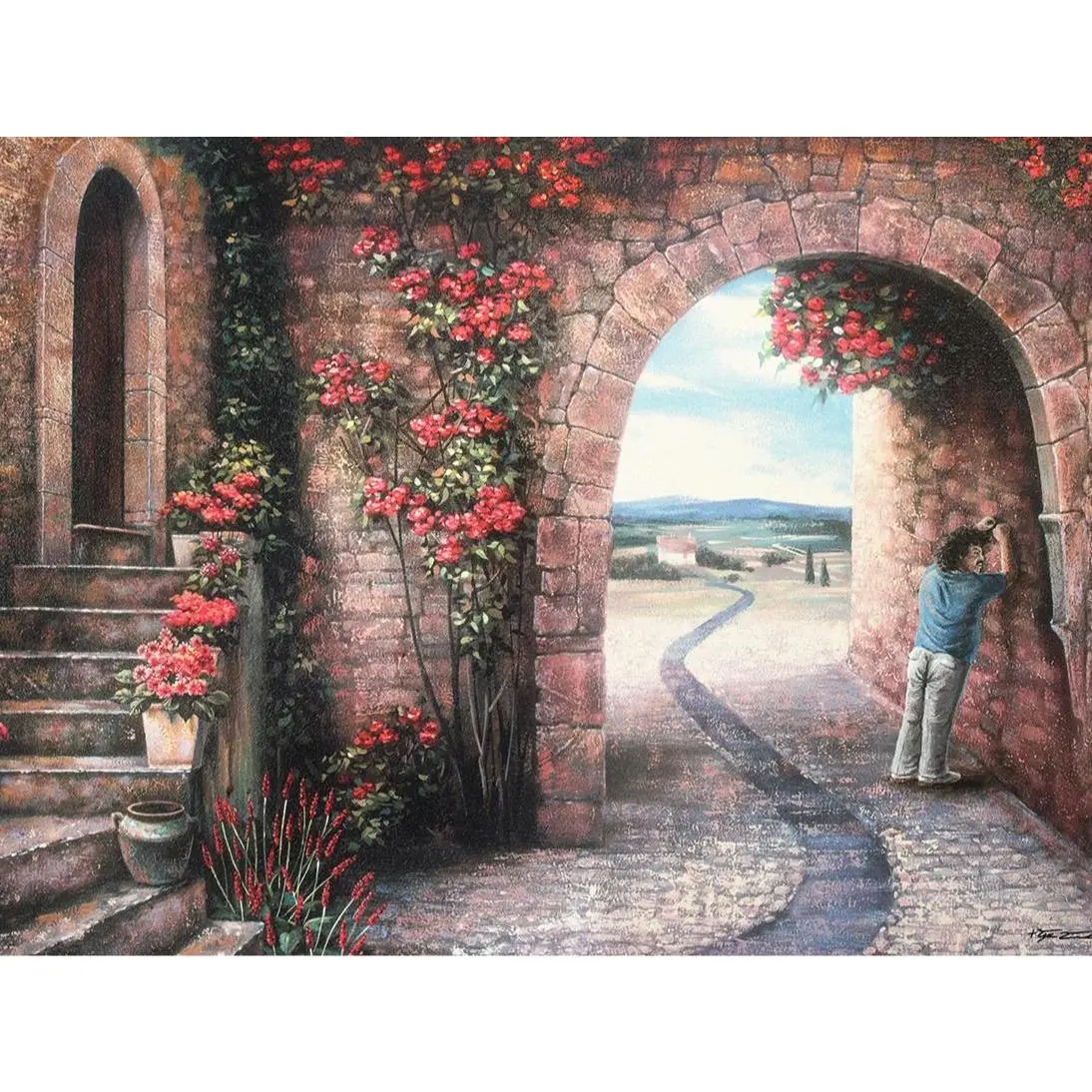 Surreal Optical Illusion Village Arch Canvas Wall Art Print - 3D Hidden Man Painting, Mediterranean Floral Scenic Vintage Wall Art, Unframed or Framed Options for Home Decorating wall decor wall art posters