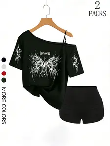 Women's Spring/summer Y2K Grunge 2-Piece Set, Gothic Geometric Tree of Life & Moon Phase Print, Off-Shoulder Tee, High-Waisted Shorts, Casual