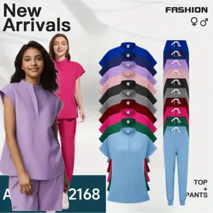 Women's Sleeveless Workwear Frosted Set Elastic Hospital Uniforms for Doctors and Nurses Two-piece Jogging Suit Set Exercise Style V-neck Top Elastic Pants