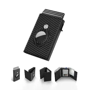 Anti-Theft Airtag Wallet Carbon Fiber Three-Fold Magnetic Business Men's Card Holder, Plaid Pattern, All Seasons Use