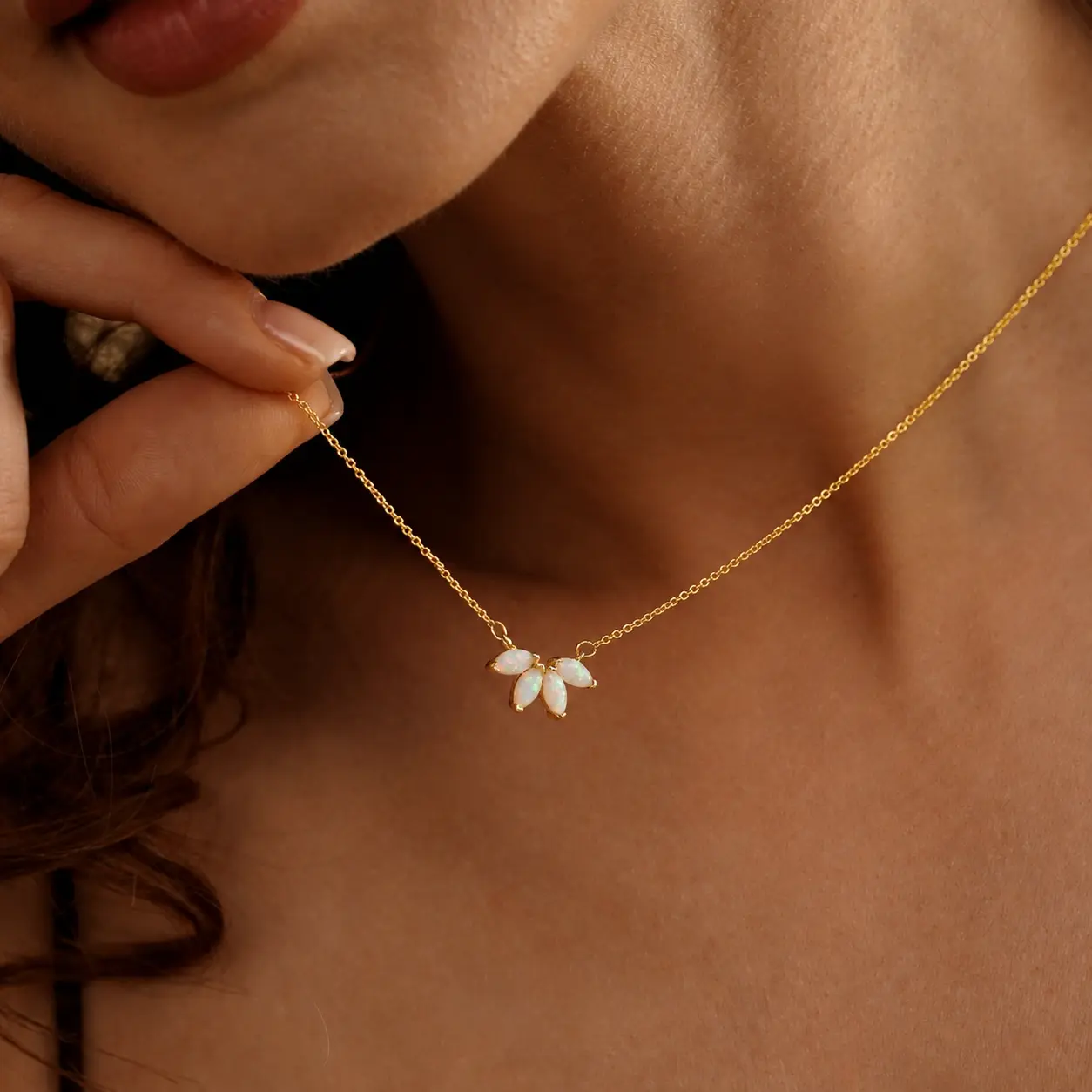 Natural Opal Flower Necklace, Minimalist Opal Charm Necklace, Marquise White Opal Pendant, Handcrafted Opal Jewelry, Mothers Day Gift, Australian Opal Inlay, Dainty Opal Necklace for Women