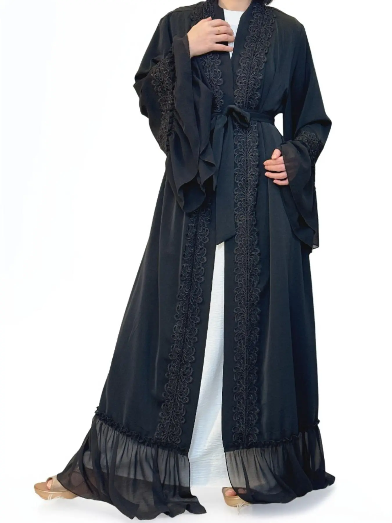 1963# 🔥 Nida Black Lace Abaya with Tie-Waist Design✨ Sizes S-2XL for All Body Types! The Viral "Slimming Secret" Everyone’s Raving About in Comments!