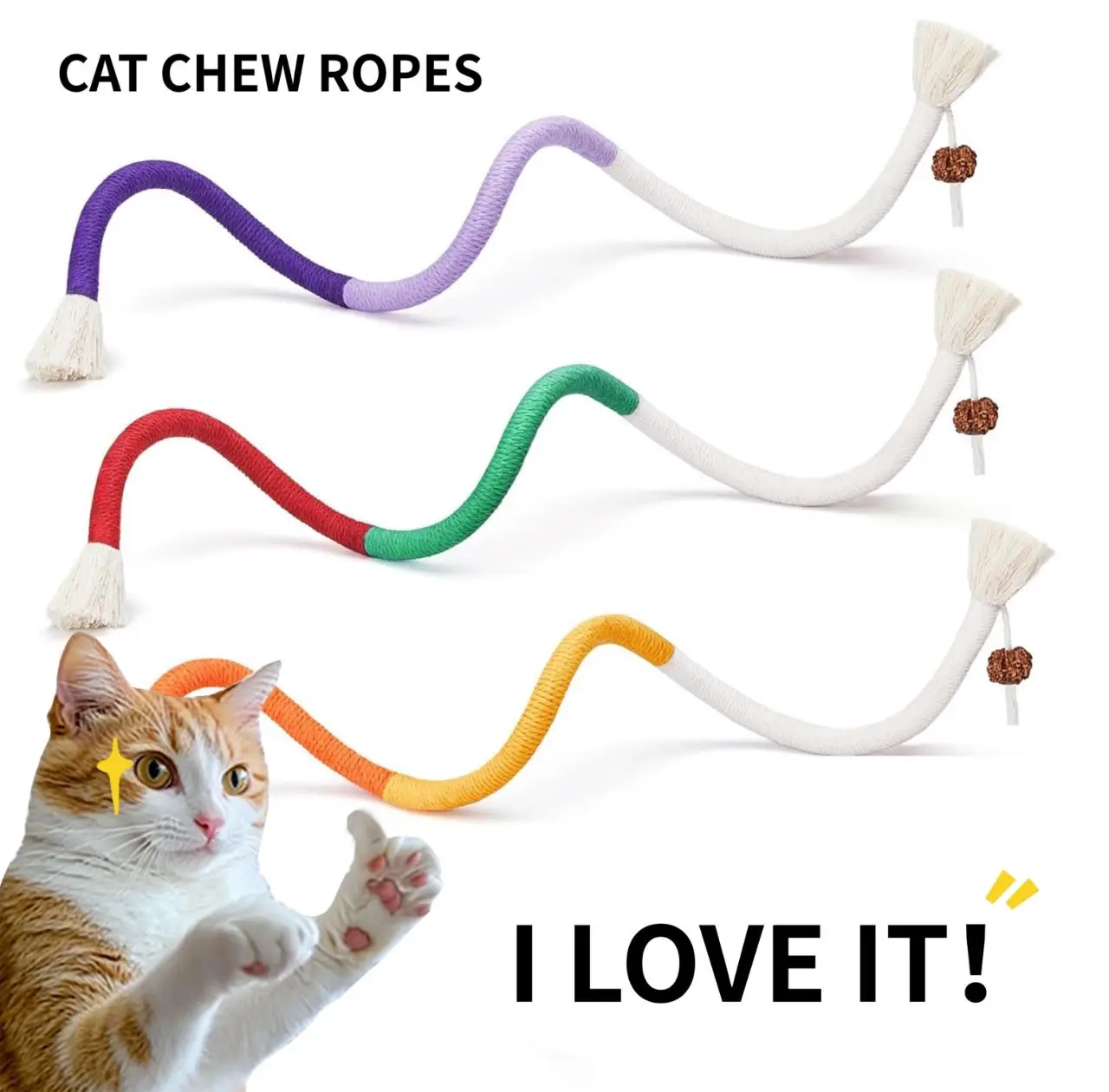 Cat Toys Chew Ropes 3Pcs, Cat Teaser Toy, Safe Teeth Cleaning Toy for Indoor Kittens, Interactive Cat Nip Kitty Toys for All Breeds