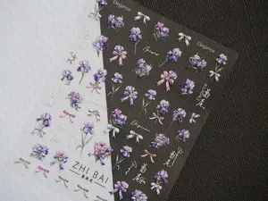 Iris Flower Bouquet Bow Tie Nail Art Sticker/ 3D Embossing with Rhinestone Decal Purple Iris Floral Garden Peel off Stencil Nail Stickers