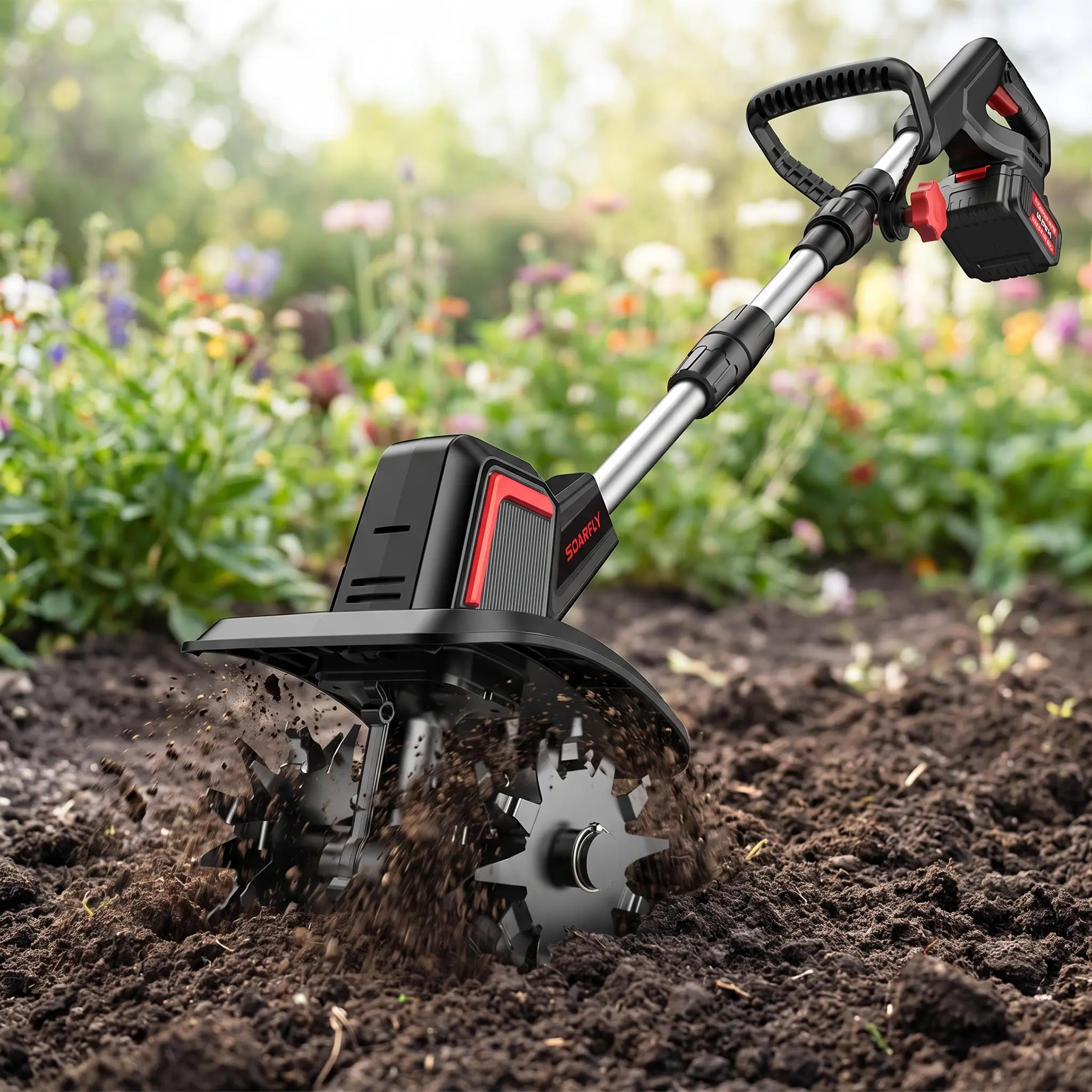 SOARFLY 20V Tiller, 360 RPM, Lawn/Gardening/Soil Cultivation, With 2×4.0AH Batteries & Charger, 9 inch Width, 6.6 inch Depth, 48 Steel Tines Rototiller