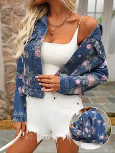 Women's Floral Print Denim Jacket, Casual Fall Winter Outerwear, Button Front Pilot Style Coat, Plant Pattern Jean Jacket
