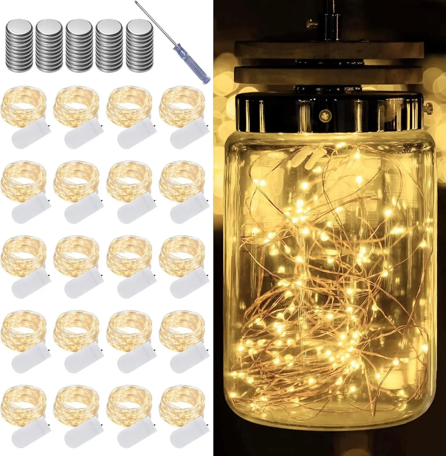 20 Pack Warm White Battery Operated Fairy Lights, 7ft 20 LED Mini String Lights, Copper Wire Twinkle Firefly Starry Lights for Mason Jars, Wedding, Party, Christmas, Table Centerpiece & Bedroom Decor