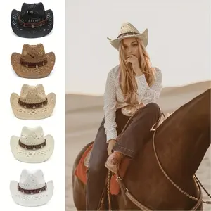 Western Cowboy Hat for Men & Women - Breathable Straw Sun Hat, Beach Cap, Outdoor Travel Hat, No Feathers, Hand-Woven, Perfect for Summer
