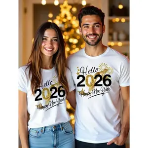 Manfinity Homme Unisex Happy New Year 2026 White T-Shirt, Holiday Golden Ribbon Element 2026 New Year's Limited Edition Couple Crew Neck T-Shirt