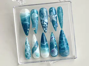 Ocean-inspired Press On Nails | Ocean nailss and Starfish Design On Fake Nails | ocean nails |Jellyfish Pattern on Acrylic nails| Acrylic Press On Nail, Summer Nails Seashells, Gen X Nail, Free Ship, Fast Shipping