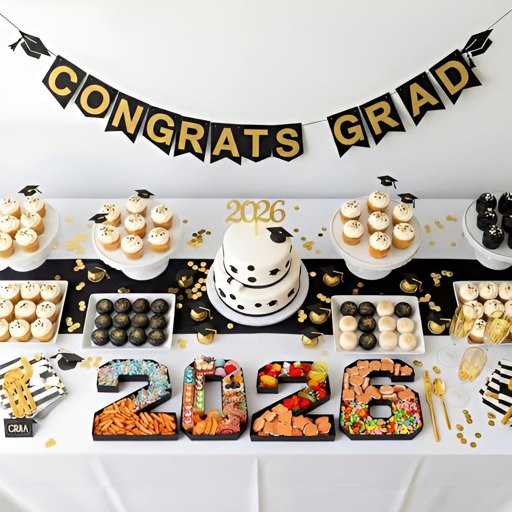 4 Pcs 2026 Graduation Fillable Number Trays 10" Cardboard Charcuterie, Dessert & Snack Serving Trays for Class of 2026 Party Supplies
