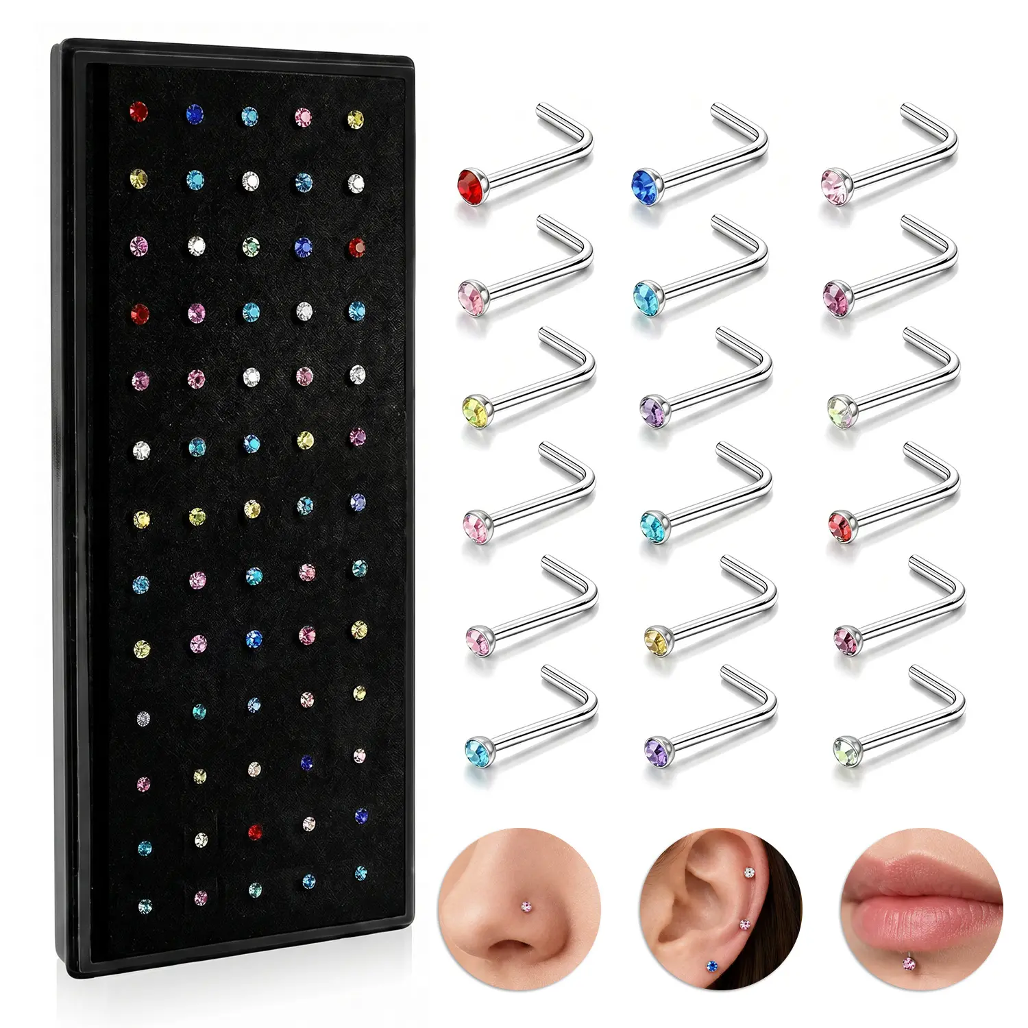Hypoallergenic Nose Stud Set, 60-Piece 316L Stainless Steel and CZ Body Jewelry, L-Shaped Screw Piercings Body Jewelry, Sizes 20G–22G, Multiple Gauges Available