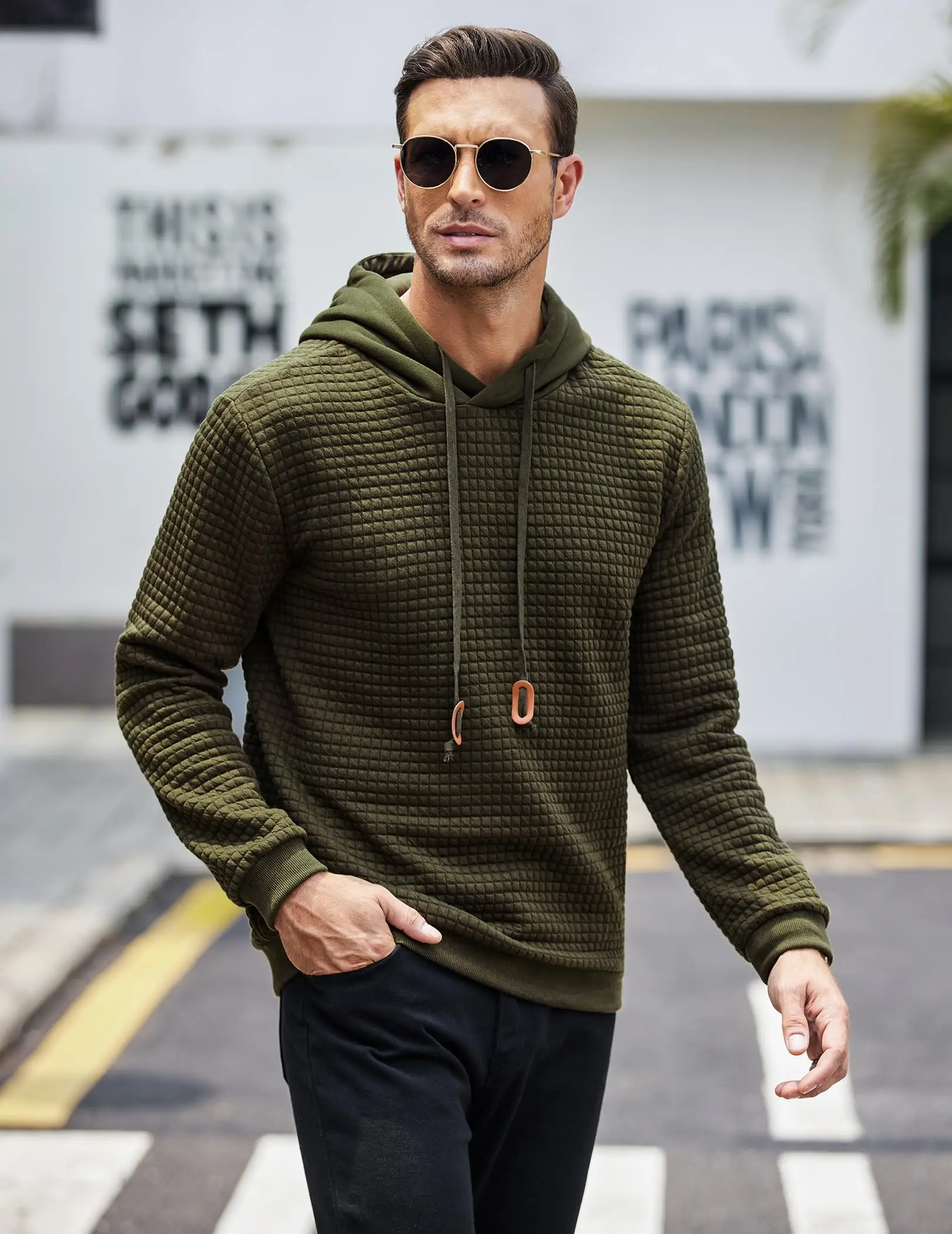 COOFANDY Mens Hooded Sweatshirt Casual Long Sleeve Drawstring Waffle Knit Pullover Hoodies LIVE Clothes