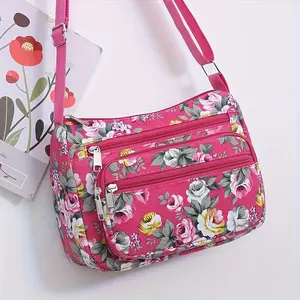 [Floral Crossbody Bag] Women Large Capacity Classic Floral Pattern Bag Multiple Pockets Hidden Compartments Durable Fabric Zipper Closure Shopping Travel Daily Use