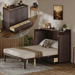 Queen Size Modern Pull Out Murphy Bed with Double Cabinet Doors, Drawers, USB-C Port, AC Outlets, Safety Lock, Anti-Tip Anchor Device, Assembly Required - Space-Saving Fold-Hidden Wall Bed for Guest Room, Home Office (Charge Devices Compatible)