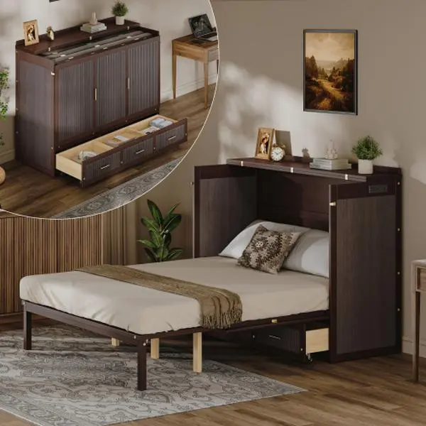 Vertical Full Queen Size Modern Pull Out Engineered Wood Murphy Bed with Double Cabinet Doors, Drawers, USB & Power Ports, Safety Lock, Anti-Tip Anchor Device - Space-Saving Fold-Hidden Wall Bed for Guest Room, Home Office (Assembly Required)