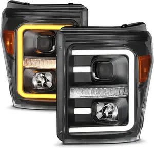 AmeriLite Replacement Headlights for 2011-2016 Ford F250/350/450 Super Duty Switchback LED Tube Projector Black Assembly Set - Passenger and Driver Side