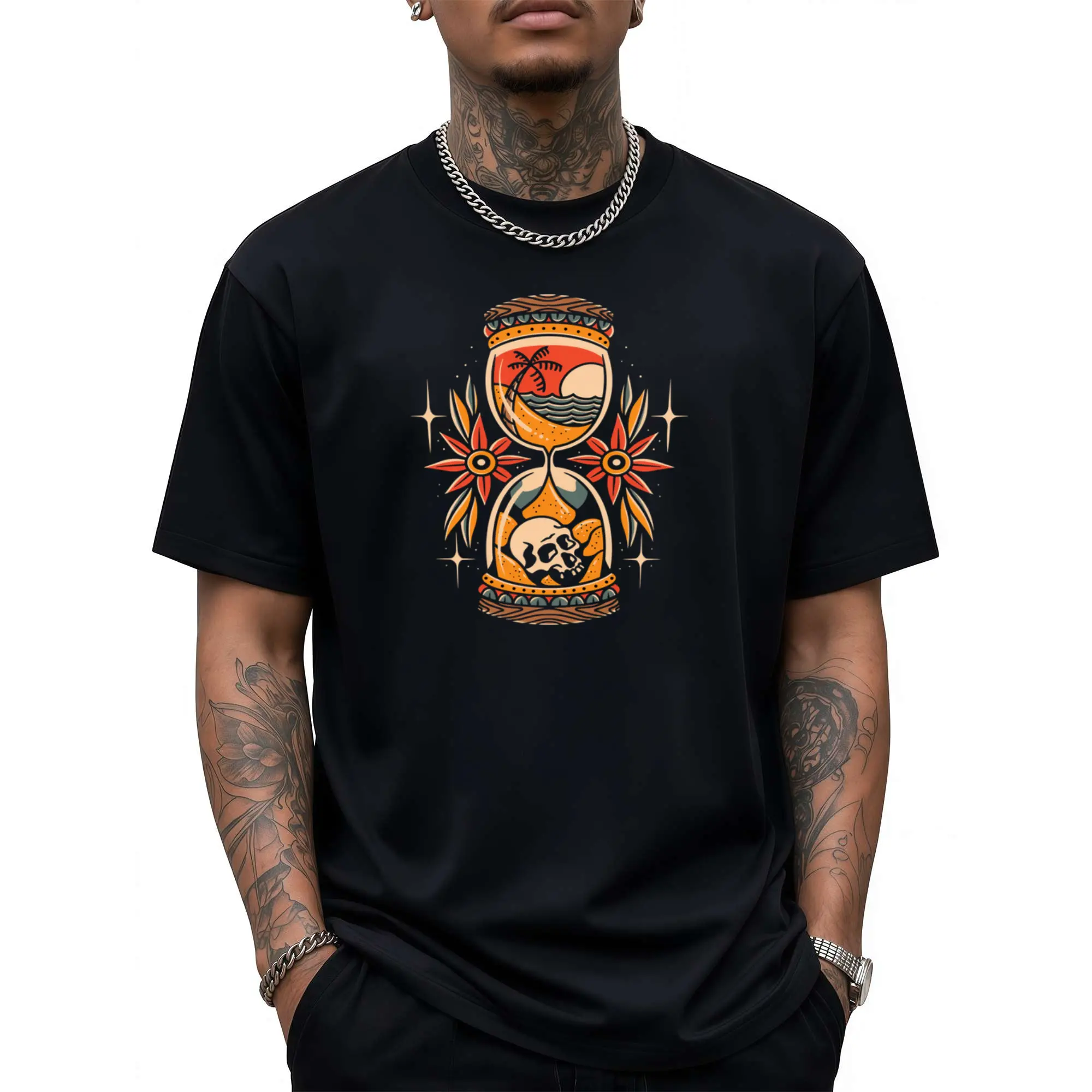 Men'S & Women'S Vintage Tattoo Art T-Shirt - Graphic Tee with Skull & Design, Japanese Kanji & Tattoo Machine Print - Unisex Body Art Apparel for Tattoo Enthusiasts