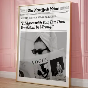 Trendy Newspaper Print, Retro Newspaper Poster, Cool Girl Art, New York News Wall Art, Magazine Bar Cart Prints, College Dorm Decor