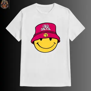 [Custom] Smiley Face Bucket Hat T-Shirt, Cute Aesthetic Graphic Tee, Funny Happy Face Shirt, Y2K Streetwear Tee, Trendy Gift for Women Men