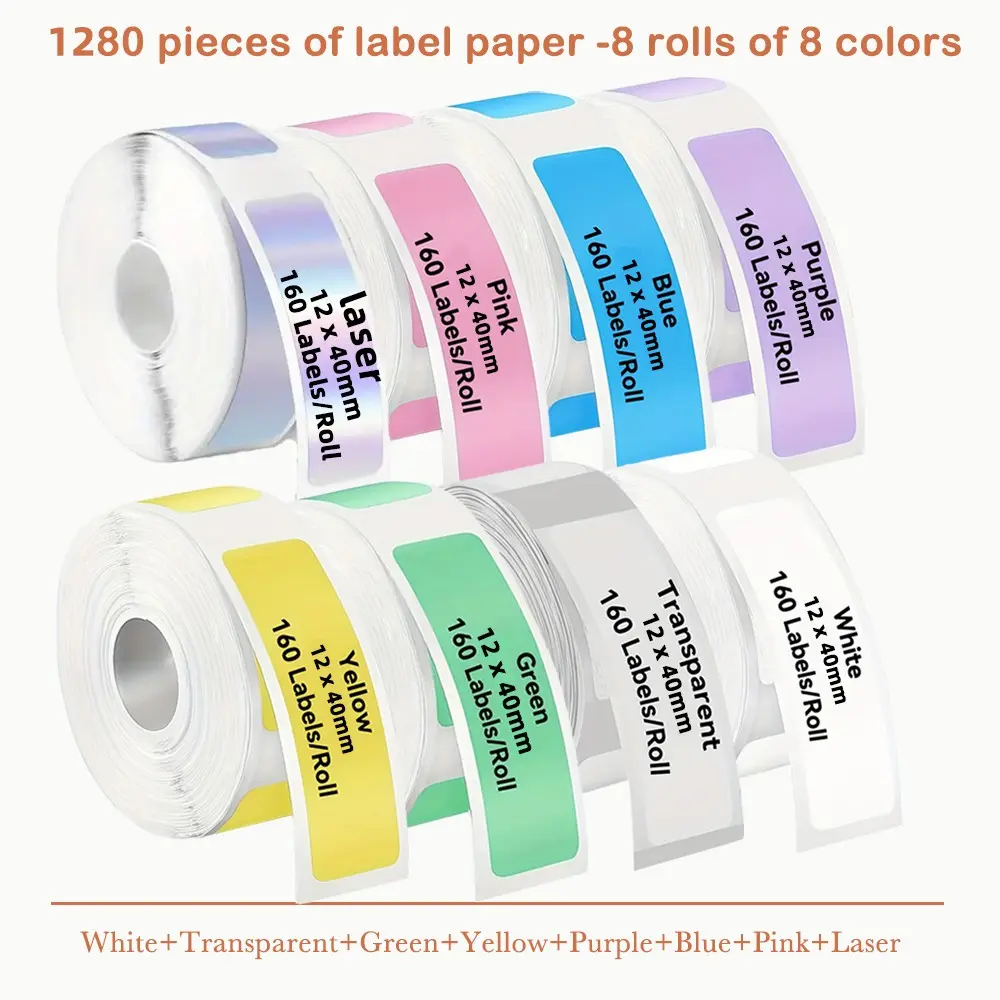8 rolls color-coded thermal label paper, Adhesive stickers, Labels for printers, Office supplies, 12 x 40mm, compatible with D30/P15 label printers, waterproof and oil-resistant, suitable for school office document labeling and holiday gift tags