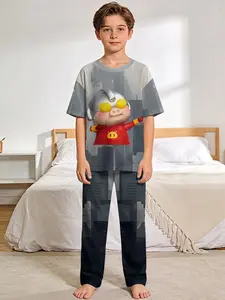 GG Bond & Ultraman Transform 2-Piece Boys' Short-Sleeve Pajama Set with Digital Print, Including Extended Sleep Pants. Stylish, trendy, casual, comfortable and soft sleepwear set, suitable for boys' sleeping and home leisure, a perfect gift for boys.