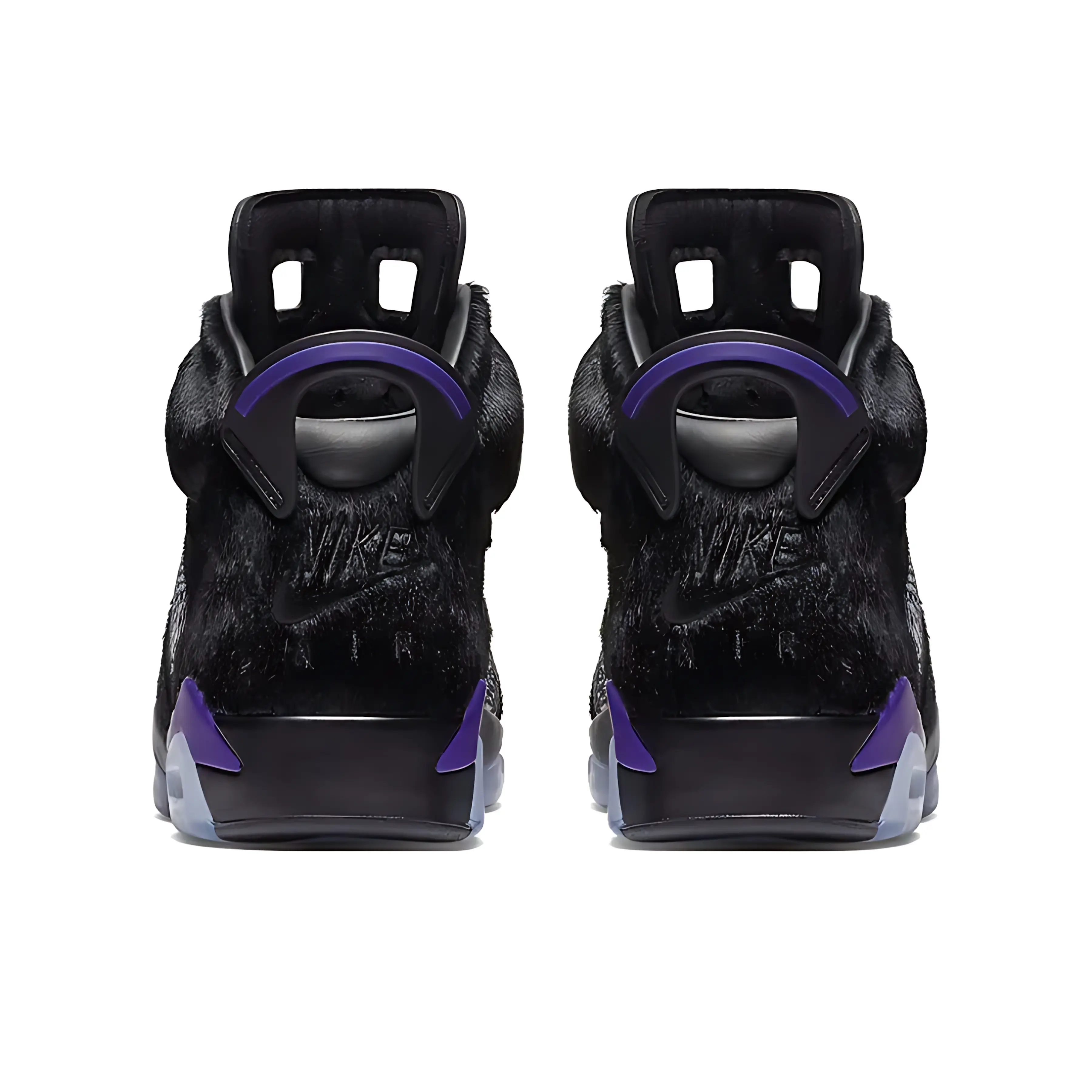 Premium Furry Leather Unisex Dark Tone Athletic Trainers With Violet Trim, Retro High Top Sneakers Packaged With Original Box, Ideal For Night Outfits, Hip-Hop Looks & Trendy Street Styles