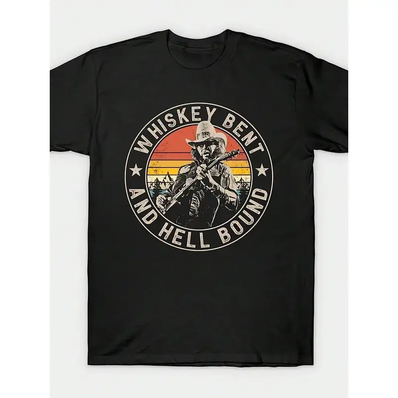 180gHank Williams Jr. Privateers Whiskey Bent Hell Bound Country Music Printed T-Shirt, Men's Printed T-Shirt 220g, 100% Cotton, Round Neck Casual Men's Outdoor Short-Sleeved T-Shirt Breathable Shortsleeve