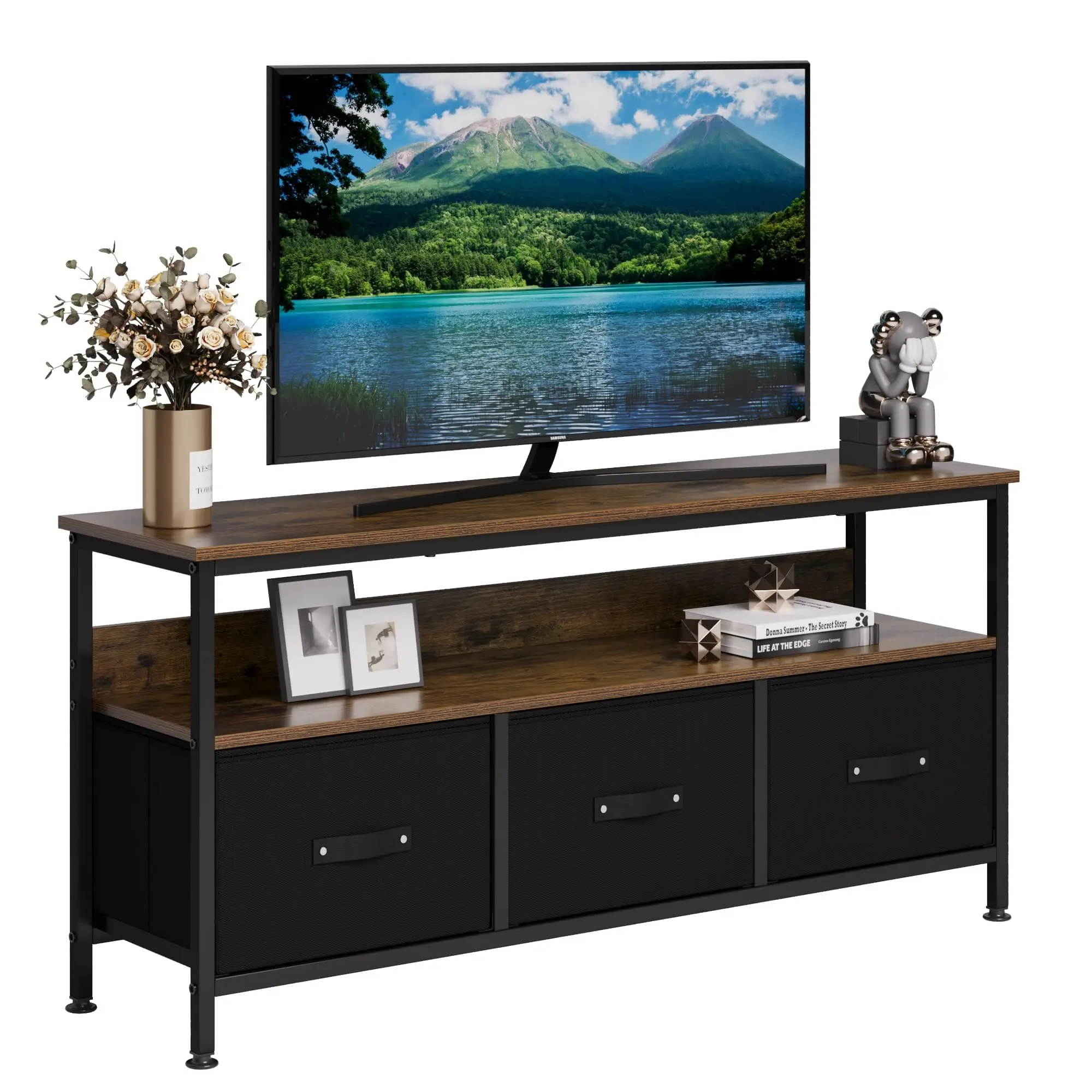 Garvee Wooden TV Stand - 3-Drawer & Shelf Entertainment Unit, Fits 55-in Televisions, Living Room Storage Organization & Display Furniture, Minimalist Decluttering Tv Console Cabinet, Shelves