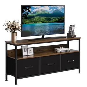 YJ-Garvee Wooden TV Stand with 3 Drawers and Shelves, Low Cabinet for Living Room, Fits Screens up to 55 Inches, Multi-functional Storage and Display Furniture，Retro color palette black fabric drawer