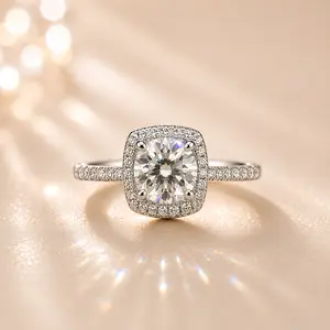 J-011WZ,Women's Luxury Cushion-Cut Moissanite Halo Ring - Stainless Steel Engagement Jewelry, Sparkling Wedding Promise Gift