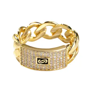 European and American Geometric Zircon Ring 14K Gold Full Diamond Cuban Chain Design Sense Ring Trend