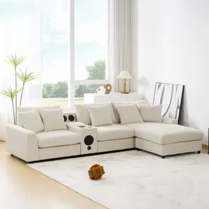 112*64'' Corduroy Sectional Sofa with Bluetooth Speakers, L-Shaped Couch with Console, Universal Serial Bus Charger, Cup Holders, Storage,Ottoman, Deep and Wide Seat Cloud Sofa for Living Room&Apartment