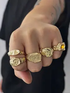 Set of 5 Fashion Hip Hop Punk Style Ring Liquid Geometric Metal Rings, Embedded Rhinestones, Adjustable Joint Rings for All Seasons