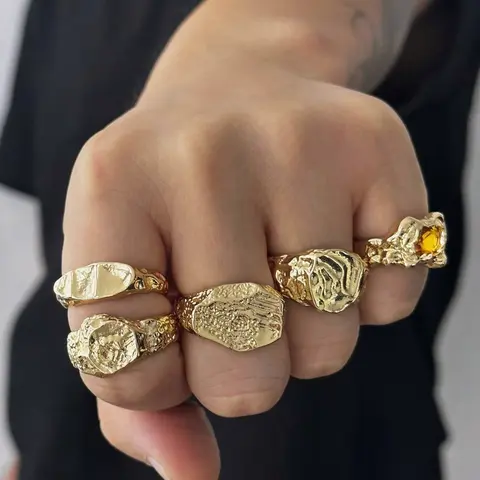 Set of 5 Fashion Hip Hop Punk Style Geometric Design Ring Liquid Geometric Metal, Embedded Rhinestones, Adjustable Joint Rings for All Seasons