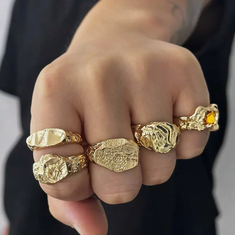 Set of 5 Fashion Hip Hop Punk Style Geometric Design Ring Liquid Geometric Metal, Embedded Rhinestones, Adjustable Joint Rings for All Seasons