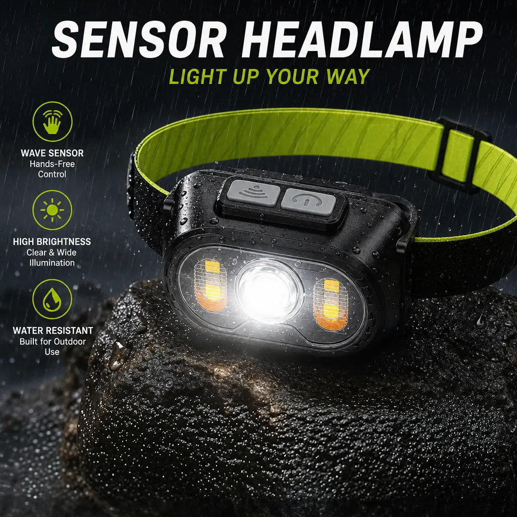 Rechargeable Motion-Sensing Hands-Free Headlamp, Multi-Light-Source Lightweight LED Head-Worn Torch, Wearable Lighting Gear for Camping & Hiking, Night Walking, Household Maintenance