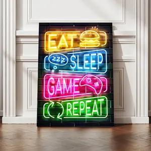 Gamer's Life Neon Game Controller Canvas Art Print - Frameless, Waterproof Wall Decor for Living Room, Bedroom, Office, Bar - Unique Creative Gift Idea