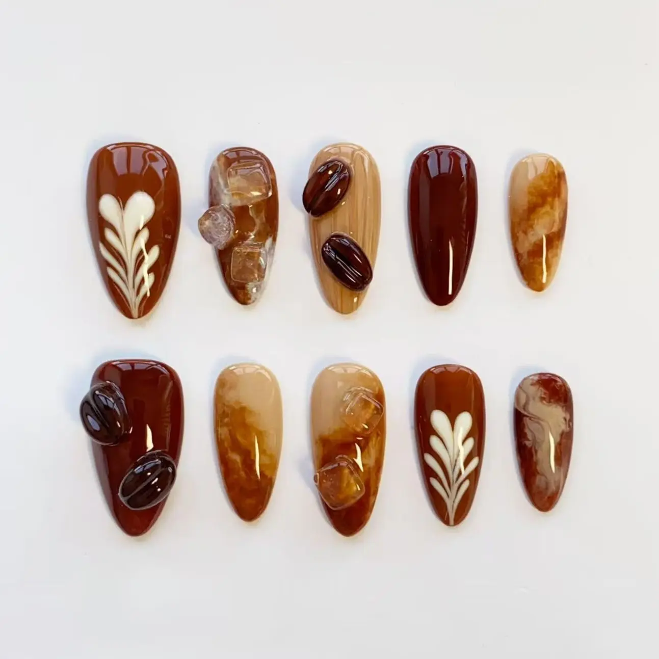 3D Coffee Bean Nails/Press On Nails Long Almond Nails/Latte Art Nails/Brown Marble Nails/Ice Cube Charm Nails/Caramel Aesthetic Nails