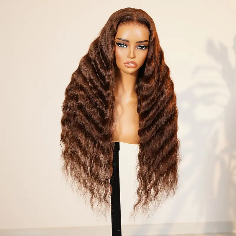 Megalook Women's Female #4 Chocolate Brown Long Natural Wave Human Hair Wig, 5x6 HD Glueless Lace Front Wig, 30-inch Pre-Cut Pre-Plucked with Natural Look Hairline, Hd Lace, Pre-Cut And Pre-Plucked